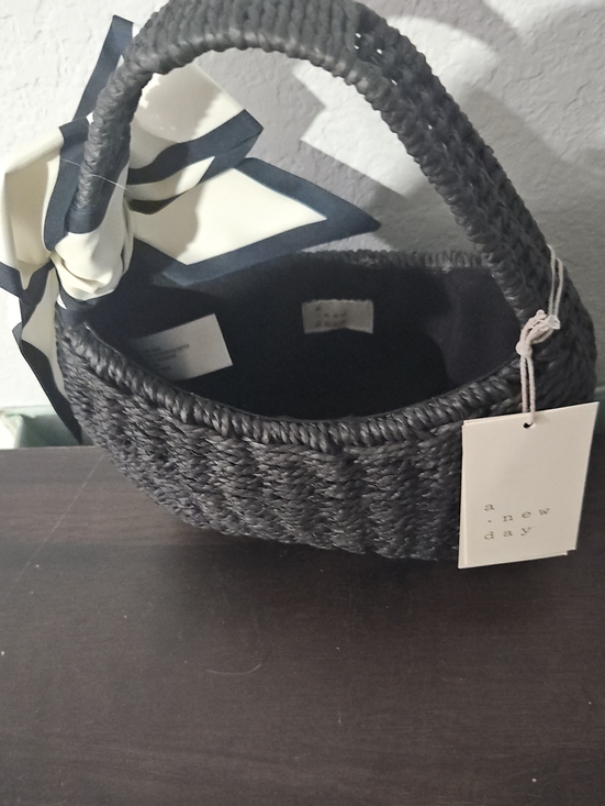 a new day Handbags - a new day Black Woven Straw Tote with Knotted Cream-and-Black Scarf
